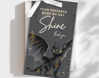 Toothless Dragon Dark Thank you Favor Tag, Watercolor Theme (Digital Download)