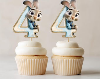 Zootopia Cupcake Toppers, Judy Number 4, Watercolor Birthday (Digital Download)