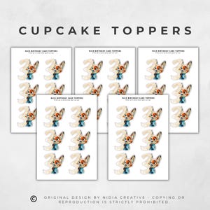 Puede incluir: Adornos para cupcakes con una ilustraci&oacute;n de acuarela de un zorro y el n&uacute;mero 3. Los adornos est&aacute;n impresos en cartulina blanca para un cumplea&ntilde;os. El texto "NICK BIRTHDAY CAKE TOPPERS" est&aacute; impreso en cada hoja. Dise&ntilde;o de Nidia Creative.