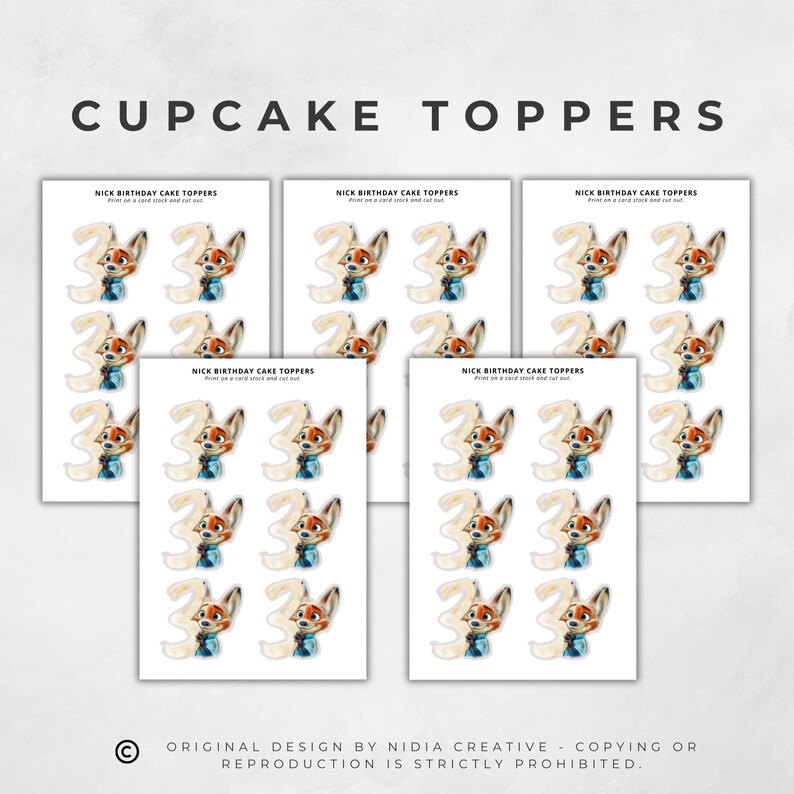 Puede incluir: Adornos para cupcakes con una ilustraci&oacute;n de acuarela de un zorro y el n&uacute;mero 3. Los adornos est&aacute;n impresos en cartulina blanca para un cumplea&ntilde;os. El texto "NICK BIRTHDAY CAKE TOPPERS" est&aacute; impreso en cada hoja. Dise&ntilde;o de Nidia Creative.