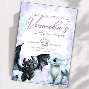 Invitación de cumpleaños de Dragón Desdentado con elementos rosas y temática de acuarela (descarga digital)