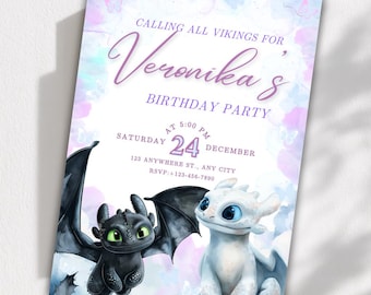 Toothless Dragon Birthday Invitation with pink elements, Watercolor Theme (Digital Download)