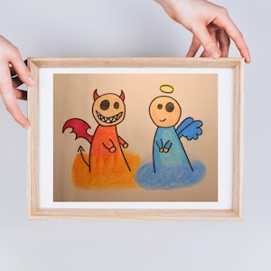Disegno Angelo e Demone Arte fatta a mano Immagine stilizzata Con colori caldi colori freddi Stampabile subito ダウンロード即時デジタル