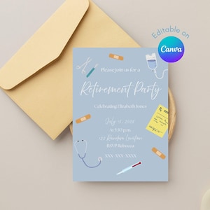 Invitation départ à la retraite médicale, départ à la retraite d'un médecin, retraite pour soins infirmiers, fête de retraite d'une infirmière, célébration de la retraite