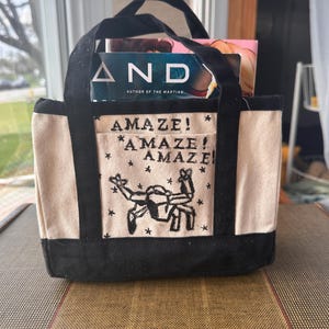 Può includere: Una borsa tote in tela con manici neri e base nera. La borsa ha un davanti e un retro beige con una tasca nera con la parola "AMAZE!" ripetuta tre volte, insieme a una grafica e stelle. I libri sono visibili all'interno della borsa.