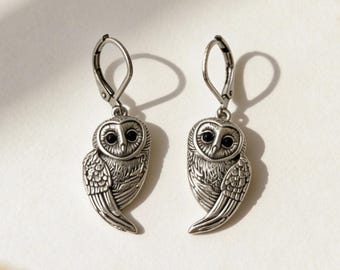 Pendientes de búho con cierre de palanca, joyería vintage de búho de plata, pendientes rústicos de naturaleza, pendientes minimalistas de búho, regalo para ella