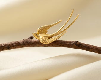 Gold Ear Climber Earrings, Swallow Bird Earrings, Minimalist Ear Crawler, Unique Stud Earrings for Women
