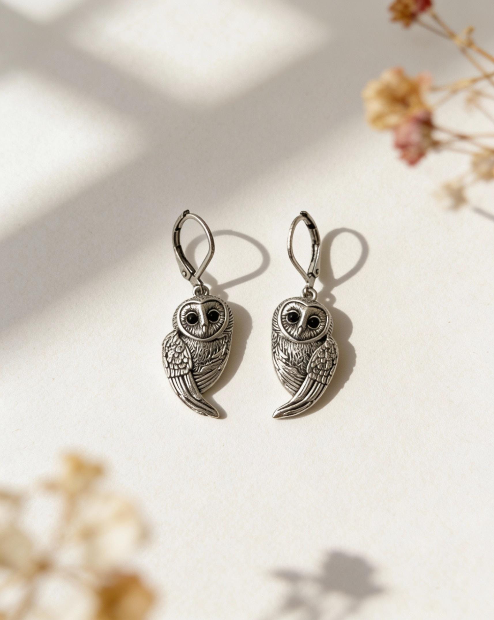 Barn Owl Leverback Earrings, Vintage Silver Owl Jewelry, Rustic Nature Earrings, Minimalist Owl Earr