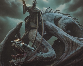 Può includere: Scultura digitale dettagliata di una scena dark fantasy. Una figura in armatura scura con una corona a punte cavalca un drago, tenendo una spada fiammeggiante. Il drago ha una pelle dettagliata e strutturata. L'immagine include il testo: "HIGH-QUALITY PRE-SUPPORTS" e "PATREON.COM/BULKAMANCER".