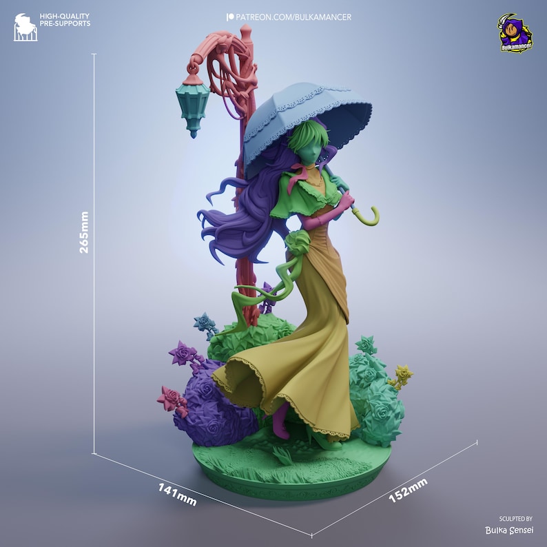 May include: A detailed figurine of a woman with green skin, purple hair, and a yellow dress, holding a blue umbrella. The figure is 265mm tall, 141mm wide, and 152mm deep. The base features colorful floral elements and a stylized street lamp.