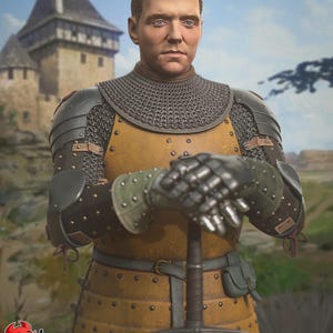 Peut inclure: Représentation numérique d'un chevalier médiéval en armure complète, tenant une épée. L'armure du chevalier est un mélange de cotte de mailles, de plaques jaunes et noires et de lanières de cuir. En arrière-plan, un château et un ciel bleu.