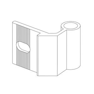 Peut inclure: Vue isométrique d'une charnière métallique blanche et angulaire. La charnière a une base rectangulaire avec des lignes verticales et une découpe ovale. Une section à angle droit se connecte à un composant cylindrique avec une ouverture circulaire.