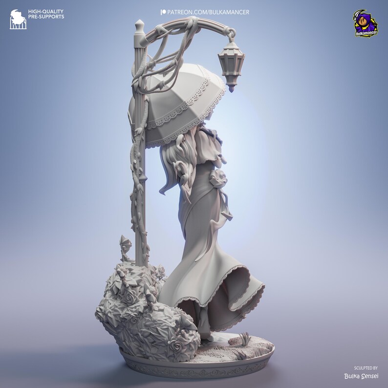 May include: A detailed, off-white figurine of a woman standing under a street lamp with an umbrella. The lamp post is adorned with vines and roses. The figurine is on a circular base with roses. Text on the image reads "HIGH-QUALITY PRE-SUPPORTS" and "PATREON.COM/BULKAMANCER".