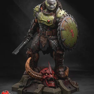May include: A detailed figurine of a character in battle armor, holding a gun and shield. The figure stands on a base with a demonic skull. The armor is olive green and brown, with silver accents. The shield has a red symbol and blood splatter.