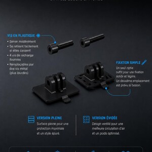 K&ouml;nnte beinhalten: Schwarze GoPro-Halterung f&uuml;r BetaFPV Pavo 20 V2. Das Bild zeigt eine schwarze Kunststoffhalterung mit Schrauben und Text auf Franz&ouml;sisch. Die Halterung hat eine Vollversion und eine bel&uuml;ftete Version. Einfach, leicht und effektiv.