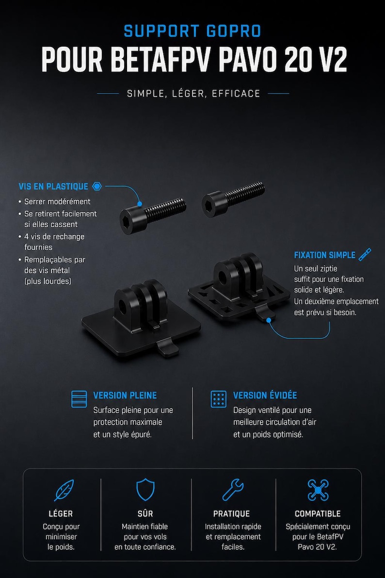 K&ouml;nnte beinhalten: Schwarze GoPro-Halterung f&uuml;r BetaFPV Pavo 20 V2. Das Bild zeigt eine schwarze Kunststoffhalterung mit Schrauben und Text auf Franz&ouml;sisch. Die Halterung hat eine Vollversion und eine bel&uuml;ftete Version. Einfach, leicht und effektiv.