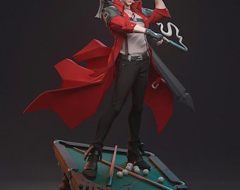 May include: A detailed figurine of a character from Devil May Cry, standing on a pool table base. The figure wears a red coat, black pants, and holds two guns and a sword. The base features the game's logo and pool balls. The figurine is a collectible item.