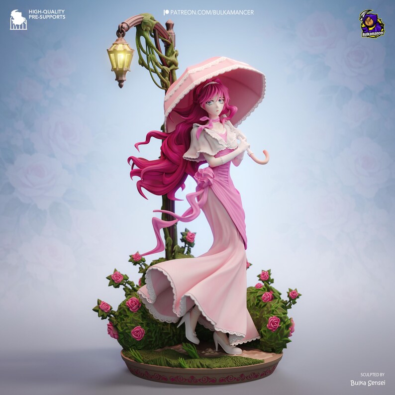 May include: A detailed figurine of a woman in a pink dress holding a pink parasol. The figure has long pink hair and is standing near a lamppost with roses. The base is a garden scene with more roses. The figure is sculpted by Buika Sensei.