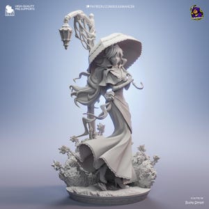 May include: A detailed, light-colored figurine of a woman holding an umbrella, standing near a lamppost and roses. The figurine is sculpted with flowing hair and a long dress. The base features sculpted roses.
