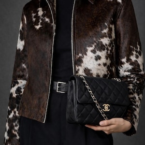 May include: A brown and white cowhide jacket with a zipper closure. The jacket is paired with a black turtleneck, black pants, and a black quilted handbag with a gold chain strap and logo.