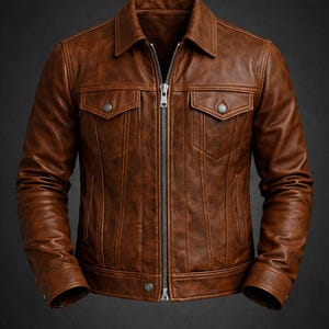 Può includere: Una giacca in pelle marrone con colletto classico, cerniera metallica color argento a tutta lunghezza e due tasche sul petto con patta abbottonata. La giacca presenta cuciture verticali, maniche lunghe con polsini abbottonati e orlo dritto.