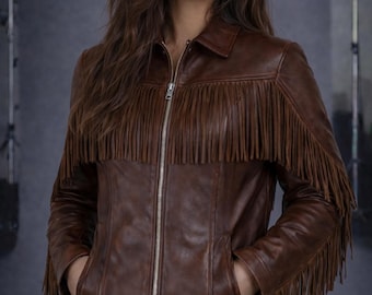 Women’s Dark Brown Leather Fringe Jacket, 100% Genuine Cowhide Western Style