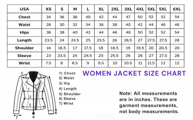 May include: Women's jacket size chart with measurements in inches. Includes chest, waist, hips, length, shoulder, sleeve, and wrist sizes from XS to 6XL. A diagram illustrates where to measure the jacket.
