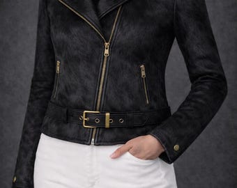 Women Hair On Black Cowhide Jacket, Moto Biker Leather Jacket with Belt
