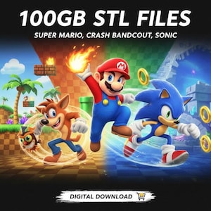 Könnte beinhalten: Grafik für digitalen Download mit Super Mario, Crash Bandicoot und Sonic the Hedgehog. Das Bild enthält den Text "100GB STL FILES" und "DIGITAL DOWNLOAD". Die Charaktere sind vor einem farbenfrohen Hintergrund platziert.