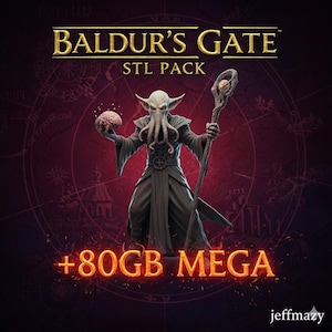 Op de afbeelding: Digitale illustratie voor Baldur's Gate STL Pack. De afbeelding toont een figuur in een donkere mantel met tentakels, die een hersen en een staf vasthoudt. De tekst "Baldur's Gate STL PACK" staat bovenaan, met "+80GB MEGA" onderaan.