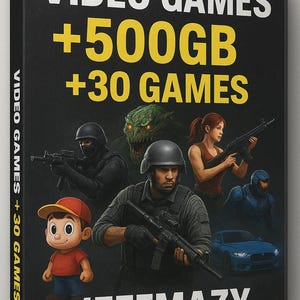 以下が含まれることがあります： 黒いビデオゲームケース。白と黄色の文字で「VIDEO GAMES +500GB +30 GAMES」と書かれています。カバーには、武器を持ったキャラクター、モンスター、青い車のイラストが描かれています。「JEFFMAZY」という名前が下にあります。