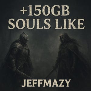May include: Dark, digitally painted artwork featuring two figures facing each other with swords. The text "+150GB SOULS LIKE" is at the top, and "JEFFMAZY" is at the bottom. The figures are in dark armor and robes.