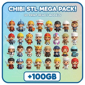 Puede incluir: Una colección de modelos chibi listos para imprimir en 3D, con varios personajes con espadas, escudos y atuendos temáticos. La imagen incluye el texto "CHIBI STL MEGA PACK!" y "+100GB" en un diseño azul y blanco.