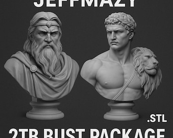 May include: Two gray busts of classical figures. One has a long beard and a draped garment. The other figure wears a laurel wreath and a lion skin. The text "JEFFMAZY" and ".STL" are at the top and bottom, with "2TB BUST PACKAGE" below.