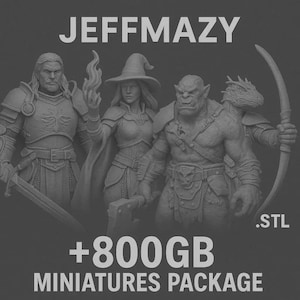 Può includere: Immagine in scala di grigi con miniature fantasy stampate in 3D. Le figure includono un cavaliere, una strega con un bastone, un orco e una creatura simile a un drago con un arco. Il testo sull'immagine recita "JEFFMAZY", ".STL", "+800GB" e "MINIATURES PACKAGE".