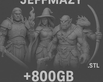 May include: A grayscale image featuring 3D-printed fantasy miniatures. The figures include a knight, a witch with a staff, an orc, and a dragon-like creature with a bow. Text on the image reads "JEFFMAZY", ".STL", "+800GB", and "MINIATURES PACKAGE".