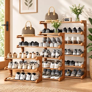 May include: A tiered wooden shoe rack system with multiple shelves holding various styles of footwear, including sneakers, heels, and flats. Two structured handbags are placed on the top shelves, alongside small vases of flowers and a digital clock.