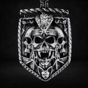 Dracula ’s Crest Amulet - Vlad the Impaler Sterling Silver Pendant, Vampire Skull, Shield Gothic Horror Jewelry