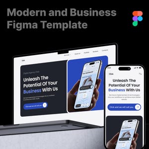Puede incluir: Un ordenador portátil y un smartphone muestran un diseño de sitio web con el texto "Modern and Business Figma Template". El diseño del sitio web presenta el texto "Unleash The Potential Of Your Business With Us". El smartphone muestra el mismo diseño.