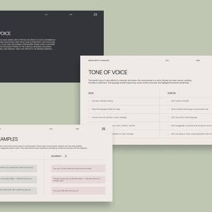 May include: A presentation on brand identity guidelines, featuring text examples, tone of voice, and brand voice. The pages are in a light beige color with black text and a dark gray background. The text includes "DO's" and "DON'Ts" for brand communication.