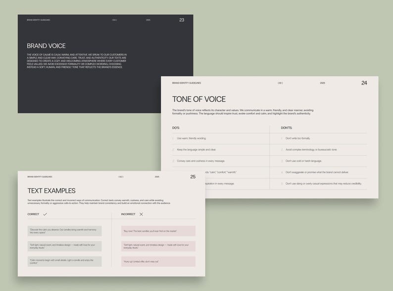 May include: A presentation on brand identity guidelines, featuring text examples, tone of voice, and brand voice. The pages are in a light beige color with black text and a dark gray background. The text includes "DO's" and "DON'Ts" for brand communication.