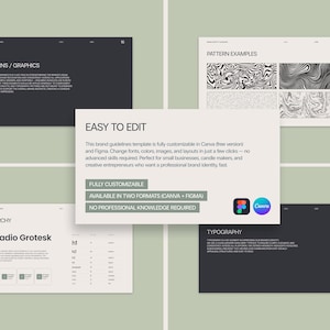 May include: A brand guidelines template with the text "EASY TO EDIT" and "FULLY CUSTOMIZABLE". The template is available in Canva and Figma formats. The image shows examples of patterns and typography on a light green background.