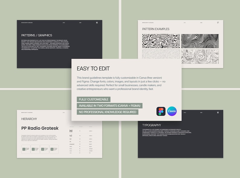 May include: A brand guidelines template with the text "EASY TO EDIT" and "FULLY CUSTOMIZABLE". The template is available in Canva and Figma formats. The image shows examples of patterns and typography on a light green background.