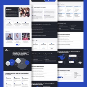 May include: A website design layout with a dark blue background. The design includes sections titled "About Us", "Our Mission", and "Our Team". The layout also features text and images related to SEO website promotion and website development.