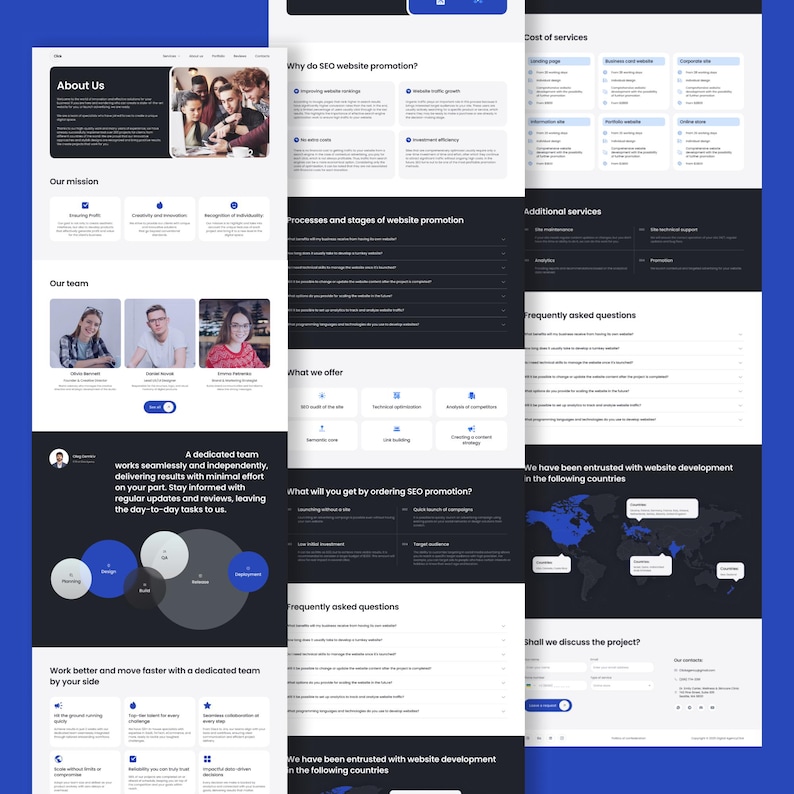 May include: A website design layout with a dark blue background. The design includes sections titled "About Us", "Our Mission", and "Our Team". The layout also features text and images related to SEO website promotion and website development.