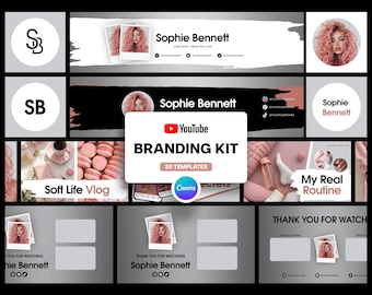 YouTube Branding Kit Canva Templates, Channel Banner, Thumbnails, End Screen, Intro Screen Bundle