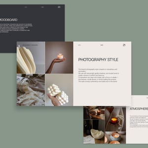 May include: A presentation board with the title "Imagery / Moodboard" and "Photography Style". The board features a collage of images, including candles, fabric, and hands holding objects. The color palette is neutral.