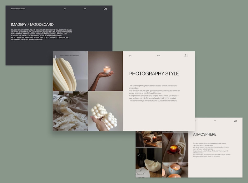 May include: A presentation board with the title "Imagery / Moodboard" and "Photography Style". The board features a collage of images, including candles, fabric, and hands holding objects. The color palette is neutral.