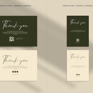 May include: Two versions of thank you cards are shown, one landscape and one portrait. The cards feature the words "Thank you" in elegant script. The landscape card is dark green, while the portrait card is a light cream color. Both cards have additional text and small icons.