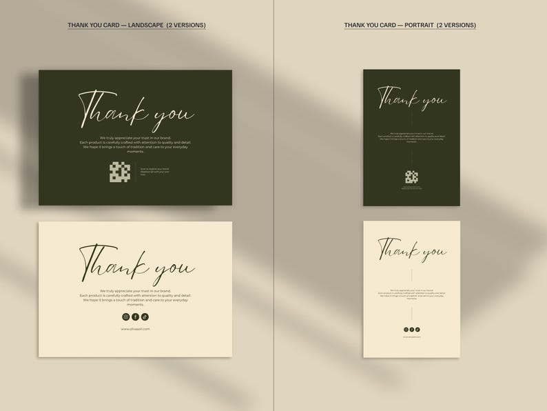 May include: Two versions of thank you cards are shown, one landscape and one portrait. The cards feature the words "Thank you" in elegant script. The landscape card is dark green, while the portrait card is a light cream color. Both cards have additional text and small icons.
